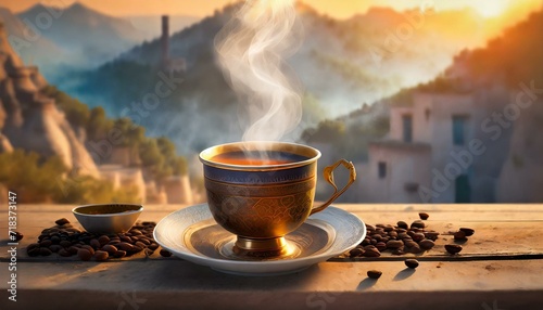 Arabic style tea cup with hot steam coming out and arabic background  photo
