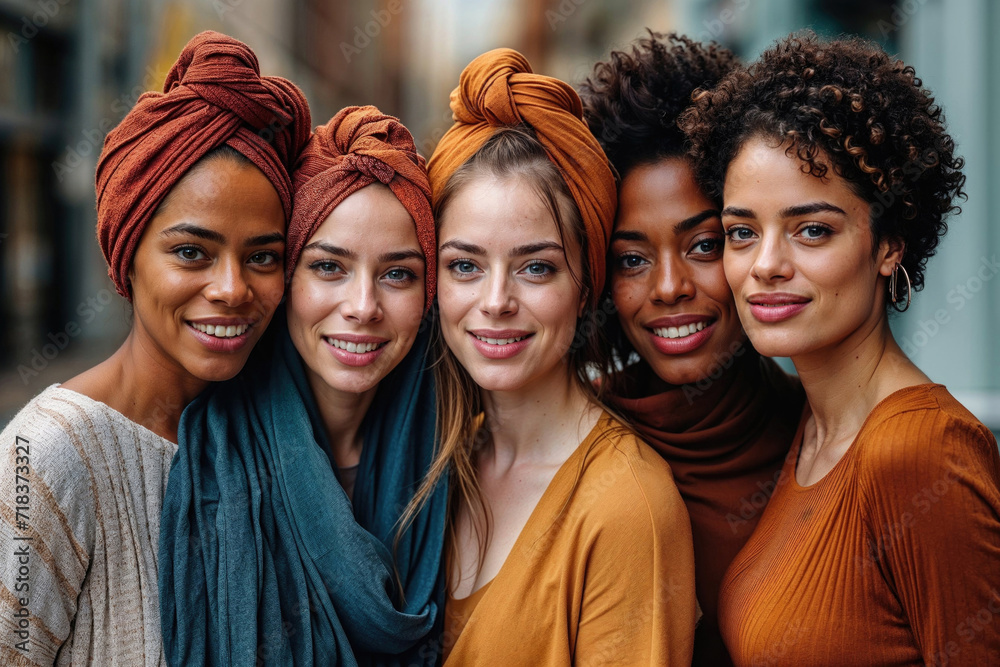 Women with matching headscarves looking at camera for women's day