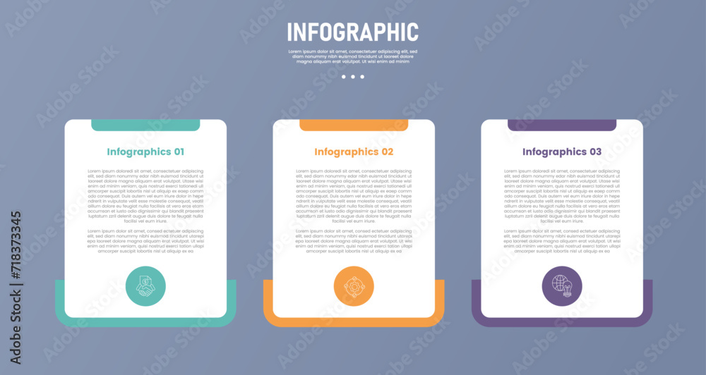 3 point stage or step infographic template with creative box table with footer bottom variation for slide presentation - obrazy, fototapety, plakaty 