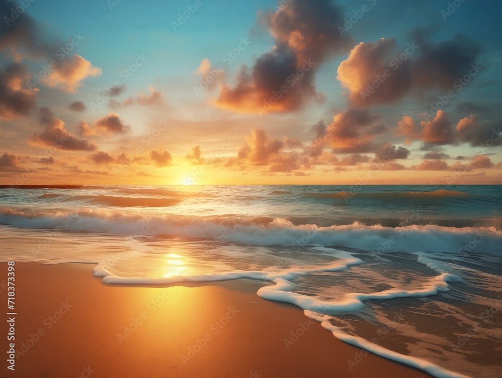 Sunrise Beach, Waves Hit Shore, Coastal Dawn, Oceanic Rhythms, Vibrant Morning Colors  Seaside Atmosphere