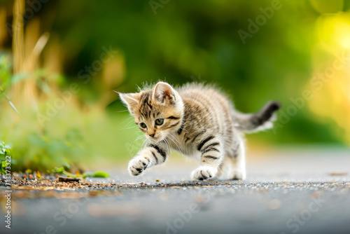 A kitten chasing its own tail in circles and falling over