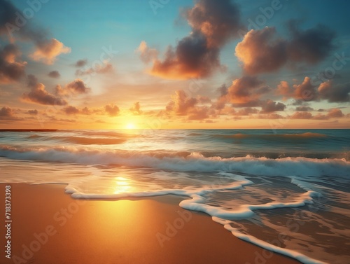 Sunrise Beach, Waves Hit Shore, Coastal Dawn, Oceanic Rhythms, Vibrant Morning Colors Seaside Atmosphere