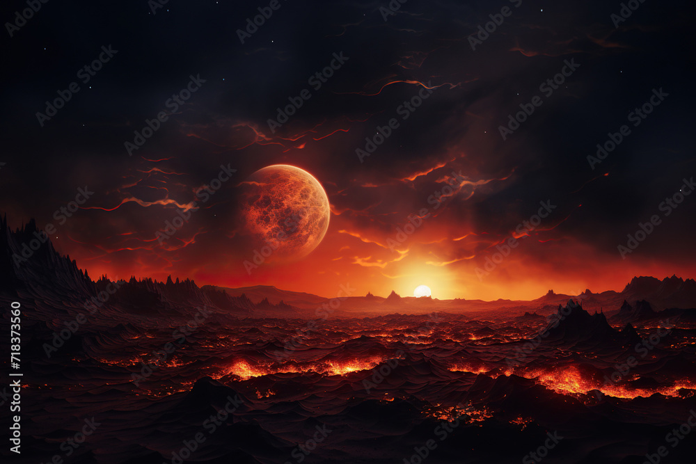 Surface of a fantasy planet with charred and burned earth and smoke. A celestial body is visible in the cloudy sky. Generated by artificial intelligence