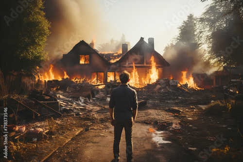 Rear view of a man looking at a burning house. Burning fire flames. Generated by artificial intelligence