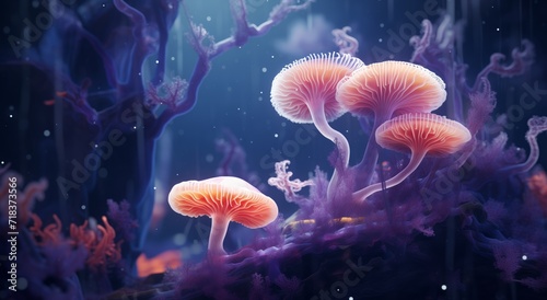 Purple Fungus, Colored Algae, Underwater World with Light Orange and Navy Themes in Serene Maritime Style