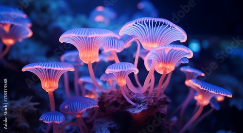Purple Fungus with Colorful Algae, Underwater World with Light Orange and Navy Themes, Serene Maritime Scene © panumas