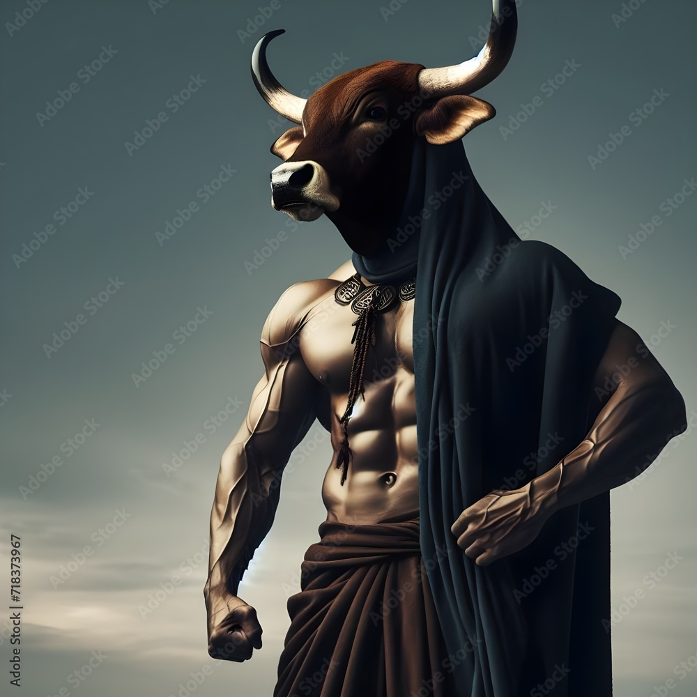 Fototapeta premium Muscular Minotaur With Black Cloak Under a Night Sky Exuding Strength and Mystery