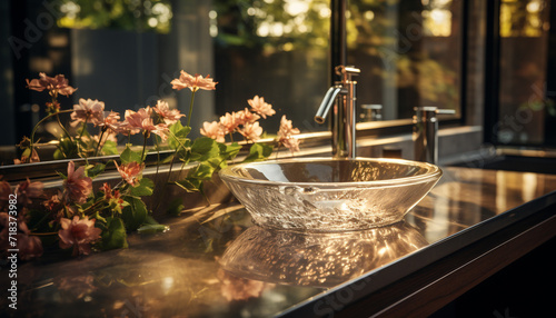 Modern home interior clean, elegant sink reflects nature freshness generated by AI