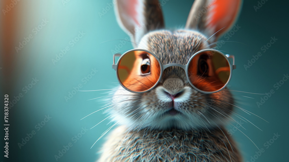 Cute Bunny with Trendy Sunglasses on Cool Turquoise Background