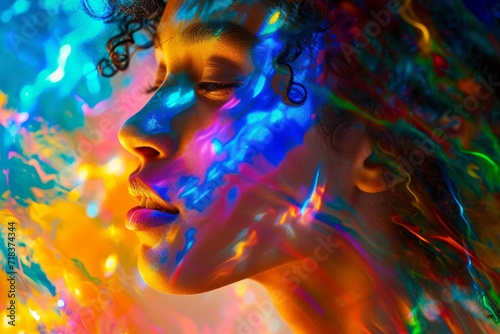 An unrecognizable woman bathed in vibrant, colorful illumination, creating an enchanting and captivating scene generative ai