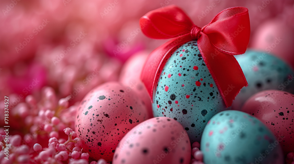 Vibrant Easter Eggs Tied with a Red Ribbon Among Pink Blooms Vibrant Easter Eggs Tied with a Red Ribbon Among Pink Blooms