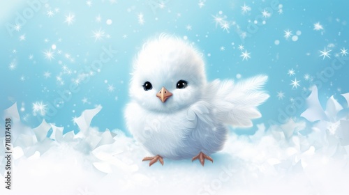  a small white bird sitting on top of a pile of white snowflakes on a blue and white background. © Olga