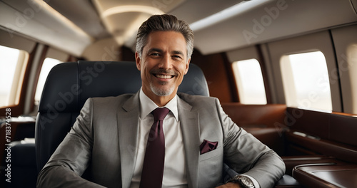 Portrait of a man in business clothes sitting in private jet seat © Gaston
