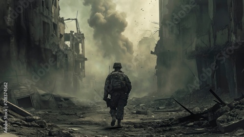 soldier with backpack and helmet on his back in a city destroyed by war © Marco