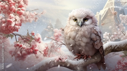  a white owl sitting on a branch of a tree with pink flowers in the foreground and a castle in the background.