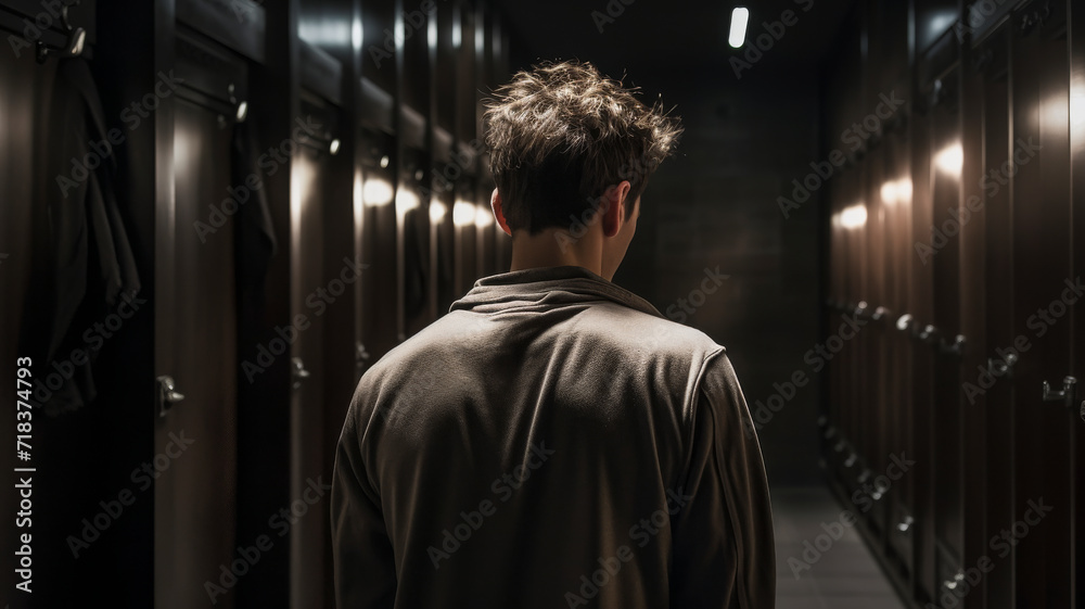 Depression. A somber man reflects in the solitude of a dark changing room Depression. A somber man reflects in the solitude of a dark changing room