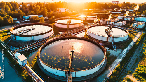 Industrial Sewage Water Treatment, Ecology and Environment Recycle, Factory Plant and Pollution, Circle Design, Wastewater Purification and Conservation