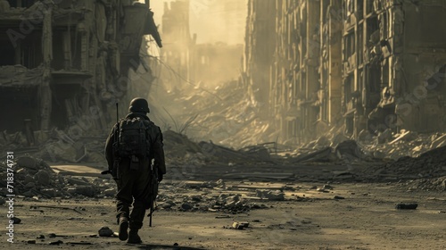 soldier with backpack and helmet on his back in a city destroyed by the world war. concept world war 3