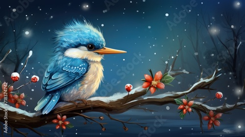  a painting of a blue bird sitting on a branch of a tree in the snow with berries on the branch.