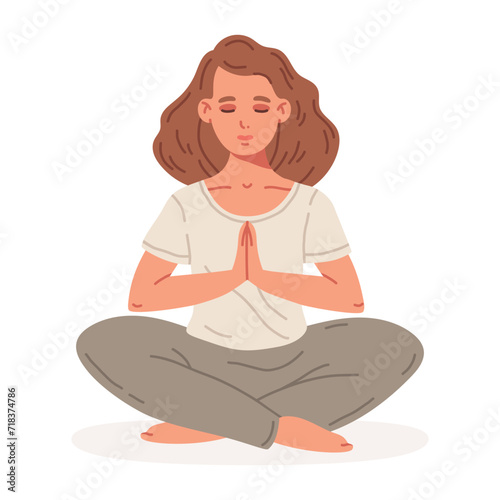 Meditating woman. Female character sitting in yoga lotus pose, stress relief and meditation concept flat vector illustration. Meditation and breath exercise