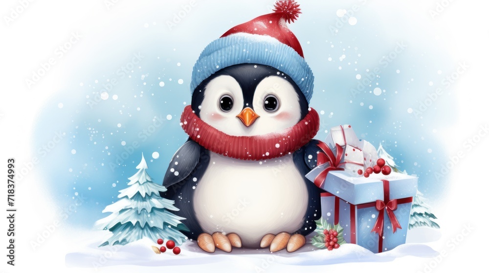  a penguin wearing a red scarf and a blue hat with a red scarf around its neck and a gift box in front of it.