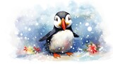  a black and white penguin with a red beak and orange beak standing in the snow with a red and white bow around its neck.