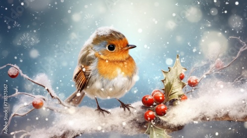  a painting of a bird sitting on a branch with holly berries and a holly berry on it's tip. © Olga
