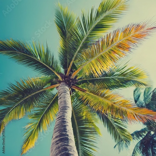 Blue sky and palm trees view from below, vintage style, tropical beach, and summer background