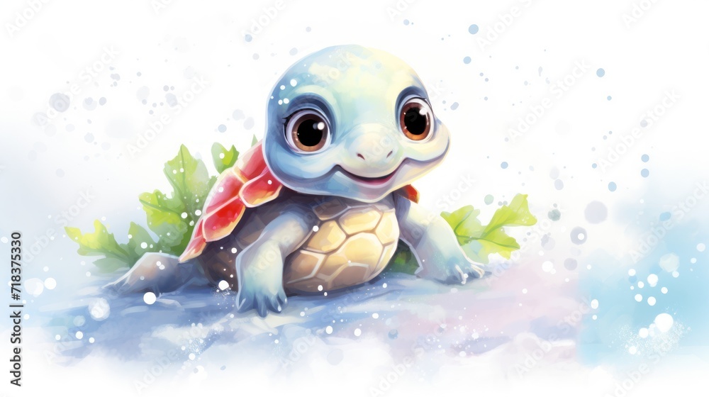 a close up of a small turtle with leaves on it's back, sitting on a snow covered ground. a close up of a small turtle with leaves on it's back, sitting on a snow covered ground.