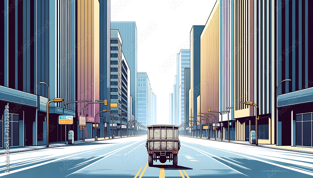 Vibrant, Stylized Urban Avenue Illustration with Modern Skyscrapers Converging at Vanishing Point, Cool Color Palette Cityscape - Concept of Urban Development & Metropolitan Lifestyle - obrazy, fototapety, plakaty 