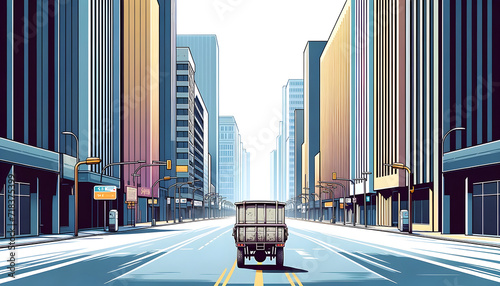 Vibrant, Stylized Urban Avenue Illustration with Modern Skyscrapers Converging at Vanishing Point, Cool Color Palette Cityscape - Concept of Urban Development & Metropolitan Lifestyle photo