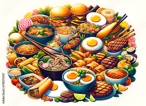 Global Cuisine Delight: Illustrated Diverse Food Assortment - Asian Noodle Soups, American Burger Set, Japanese Sushi, French Croissants & Roast Meats, Concept of Culinary Diversity and Inclusion