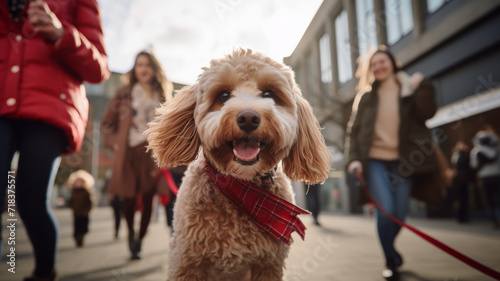 Dog’s perspective. A curious pup explores a bustling street, surrounded by the anonymous legs of city wanderers, capturing the essence of urban life