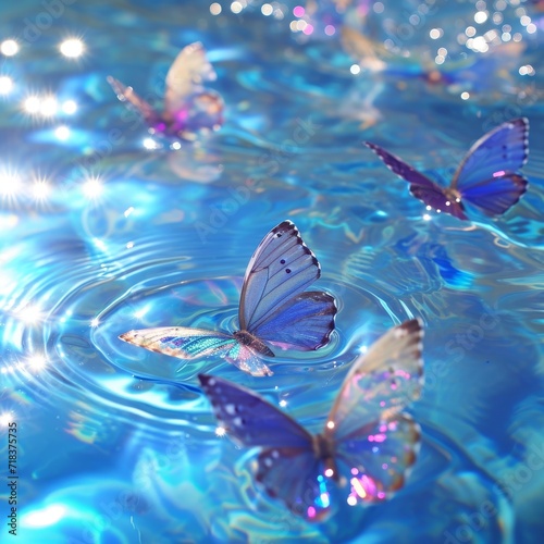 Close-up view blue twinkling butterflies on water.