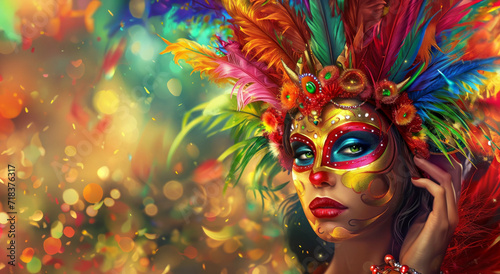 Mysterious woman in vibrant Brazilian carnival mask with colorful feathers and glitter makeup