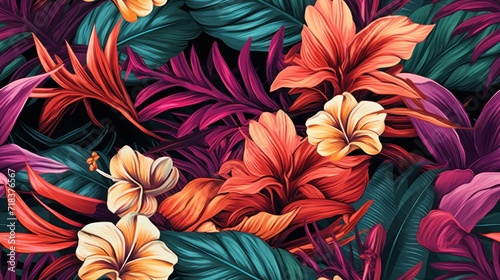  a bunch of colorful flowers and leaves on a black background with red  orange  yellow  and green leaves.