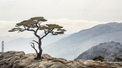  a lone pine tree on top of a rocky outcropping with a mountain range in the distance in the distance.