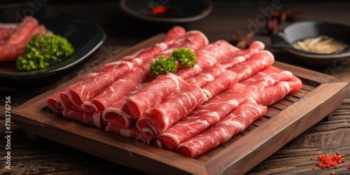 Sliced beef rolls arranged on a wooden table