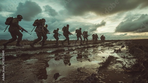 soldiers with helmets marching through mud in the middle of the world war. real global conflict concept