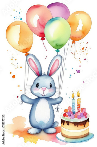 birthday watercolor greeting card with cute bunny holding colorful balloons, cake and candles.