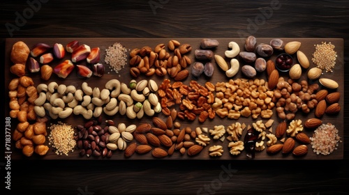  a wooden cutting board topped with lots of different types of nuts and nuts kernels on top of each other. © Olga