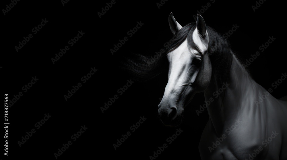 Obraz premium a black and white photo of a horse with its head turned to the side, with its head turned to the side.