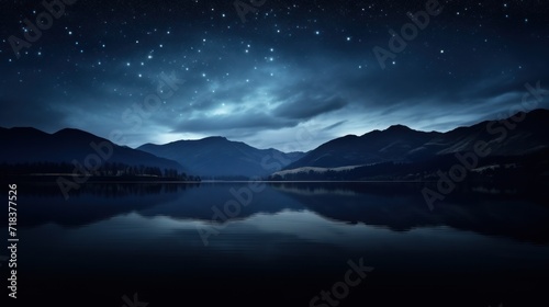  a body of water with a mountain range in the background and stars in the sky in the sky above it.