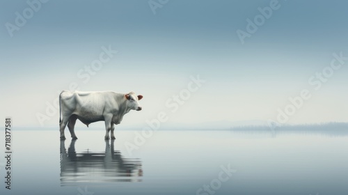  a white cow standing in the middle of a body of water with a foggy sky in the back ground. © Olga