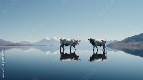  two cows standing next to each other in front of a body of water with mountains and blue sky in the background. © Olga