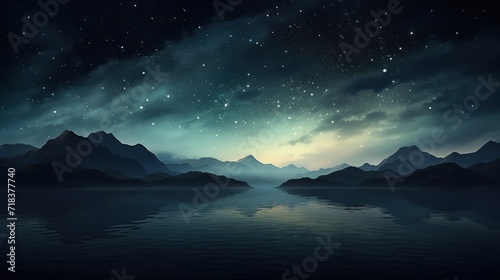  a night scene with mountains and a body of water in the foreground and stars in the sky in the background.