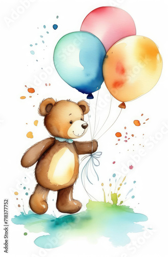 happy birthday watercolor greeting card - cute teddy bear toy holding colorful balloons.