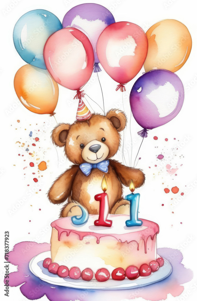 birthday watercolor greeting card with cute teddy bear holding colorful balloons, cake and candles. birthday watercolor greeting card with cute teddy bear holding colorful balloons, cake and candles.