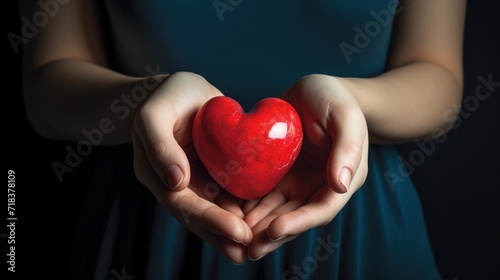  a woman s hands holding a red heart in the shape of a heart  against a dark blue background.