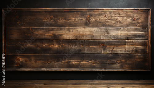 Old rustic wood plank table on dark grunge backdrop generated by AI
